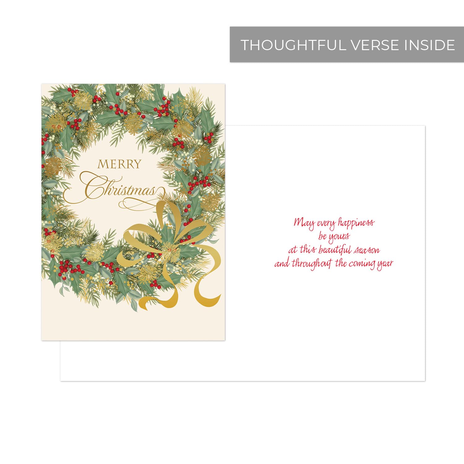 Masterpiece Traditional Wreath Christmas Cards / 15 Festive Holiday Cards Set With White Envelopes / 5 5/8" X 7 7/8" Winter Greeting Cards With Inside Verse