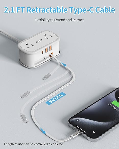 Travel Power Strip with Retractable USB C Cable 2 AC Outlets 3 USB Ports