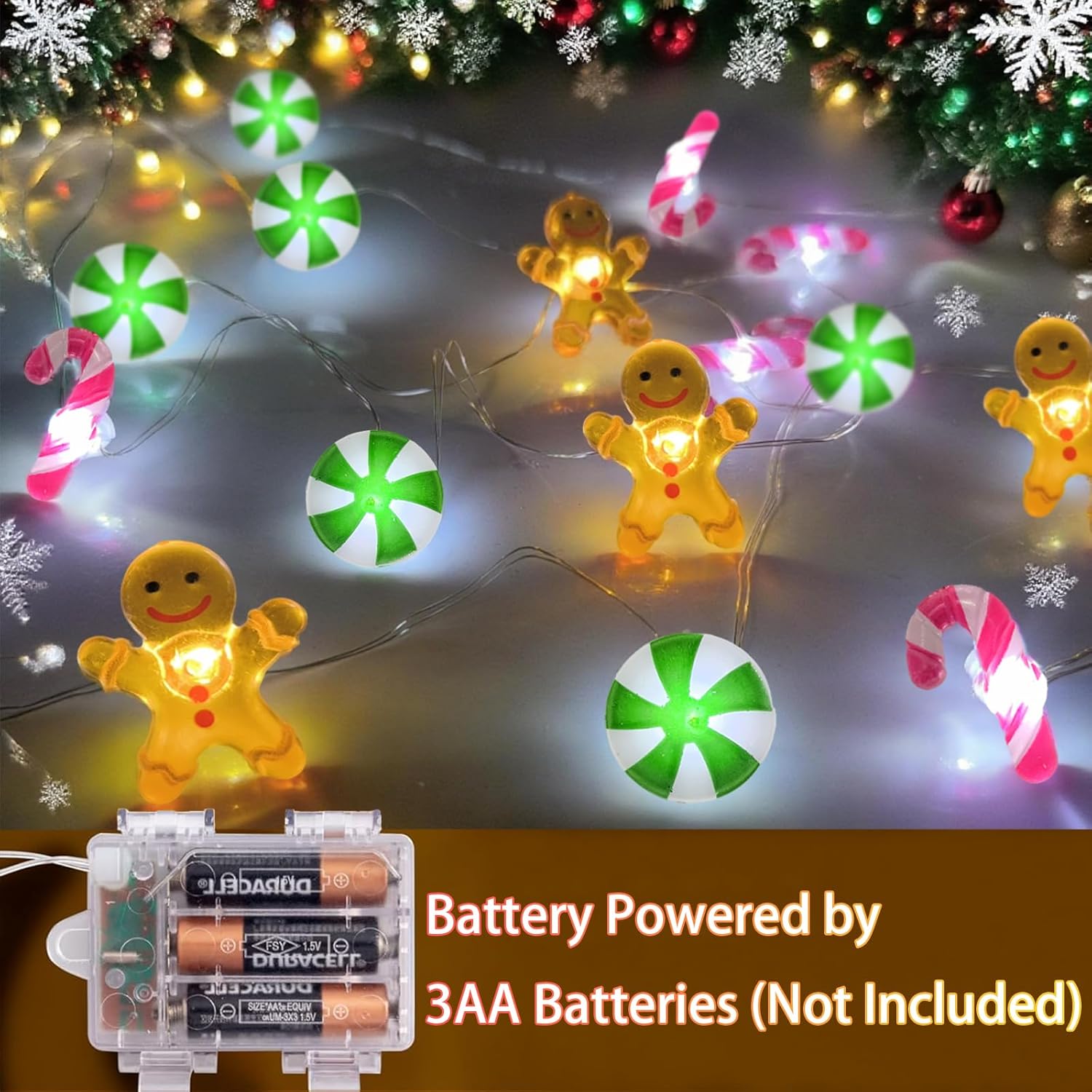 17Ft 50 Led Candy Cane Gingerbread Candy Christmas String Lights- Battery Operated Waterproof Christmas Fairy Lights Wit