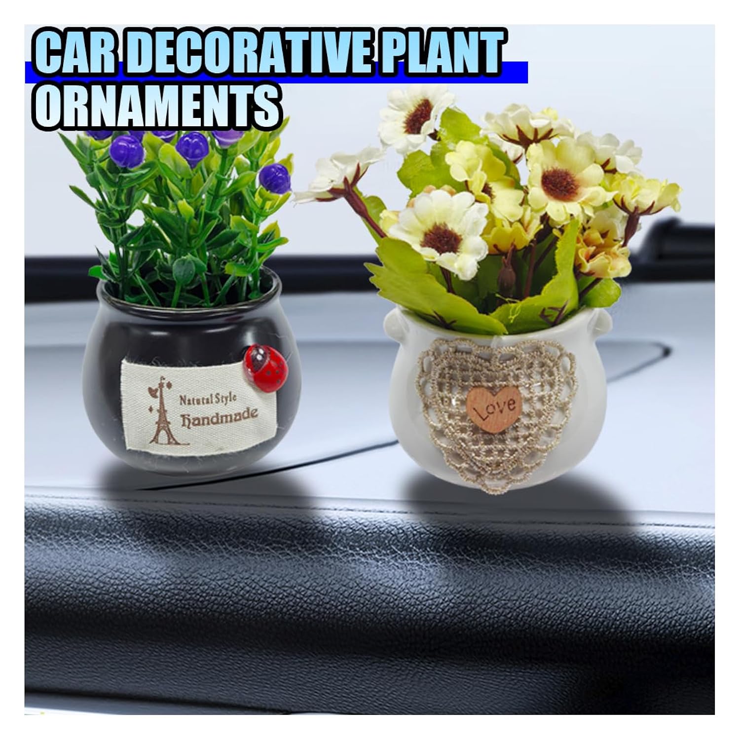 2Pcs Cute Flower Bouquet In Pottery Vase Car Dashboard Ornament For Women Interior Aesthetic, Miniature Artificial Plant Car Center Console&Dashboard Decoration For Home Office (Purple/Beige)
