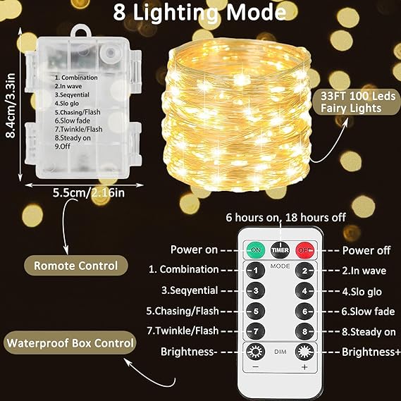 10 Pack 33FT 100 LED Fairy String Lights Battery Operated Warm White with Remote Control Timer Waterproof Twinkle Lights for Indoor Outdoor Bedroom Wedding Christmas Decor