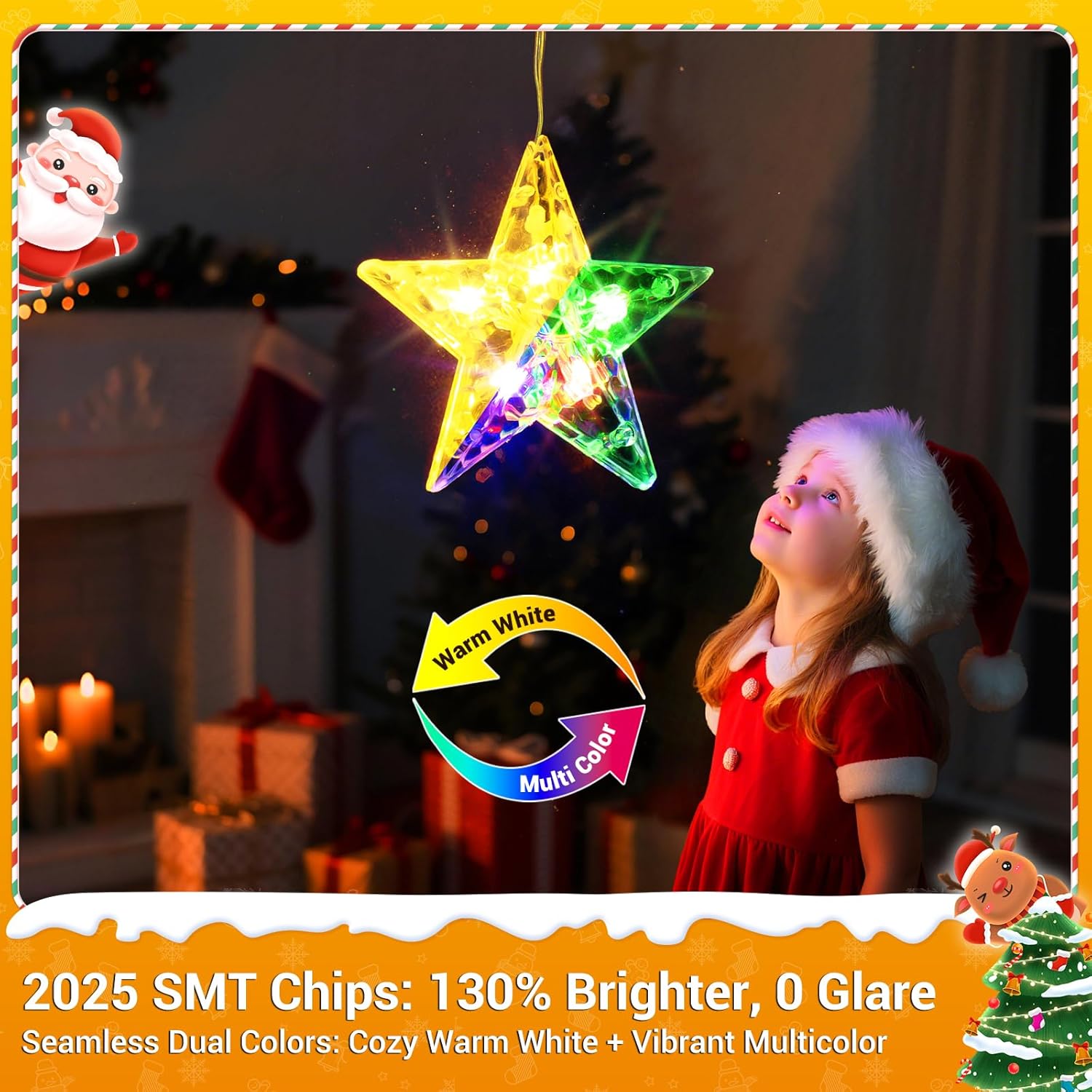 Rechargeable Christmas Star Window Lights, Ip65 Waterproof 76 Leds Star Curtain Lights With 12 Modes 3 Timer Modes, Warm