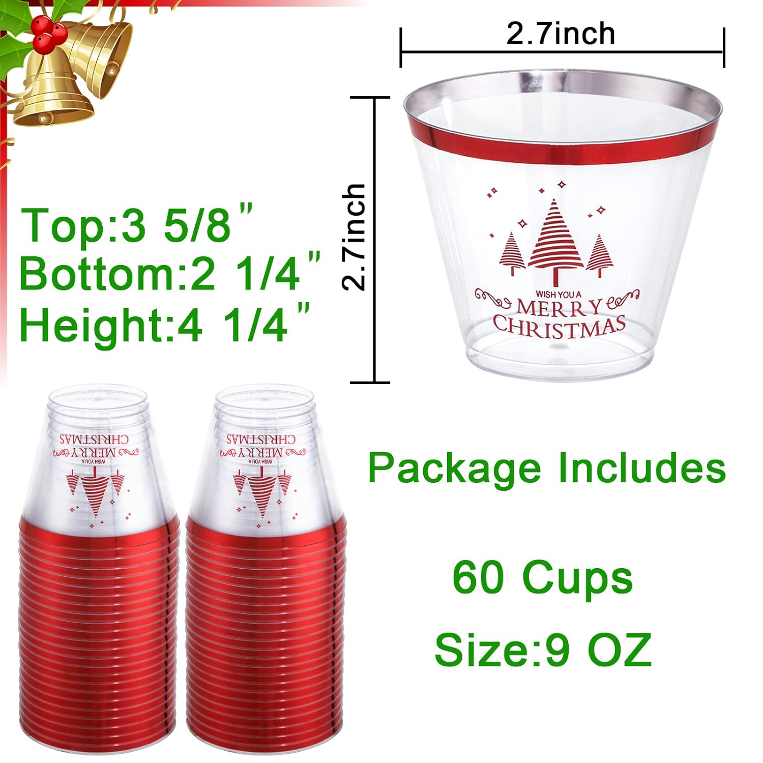 60Pcs Christmas Party Cups, 9Oz Merry Christmas Cups, Christmas Disposable Plastic Cups For Daily Use, Holiday Party Supplies