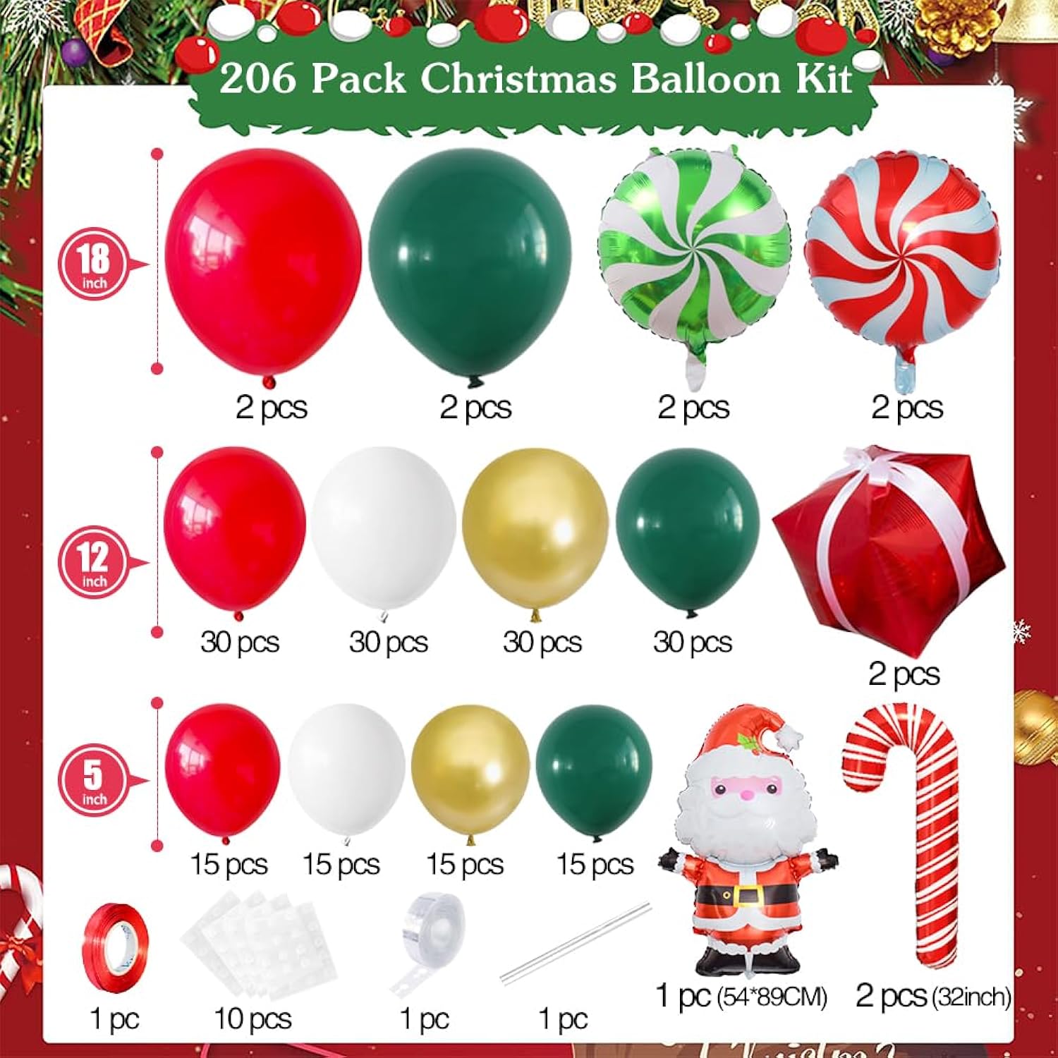 Christmas Balloon Arch Kit, 206Pcs Christmas Balloons Green Red And Gold & Foil Mylar Balloons For Xmas Party And Happy New Year