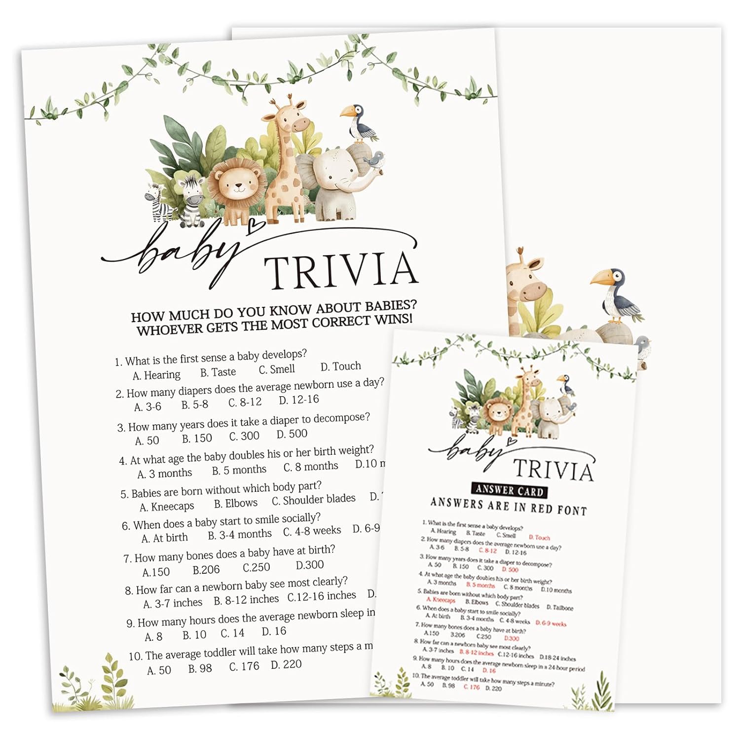 Safari Animals Baby Shower Game Cards, Woodland Theme, 30 Trivia Games With Answer Card