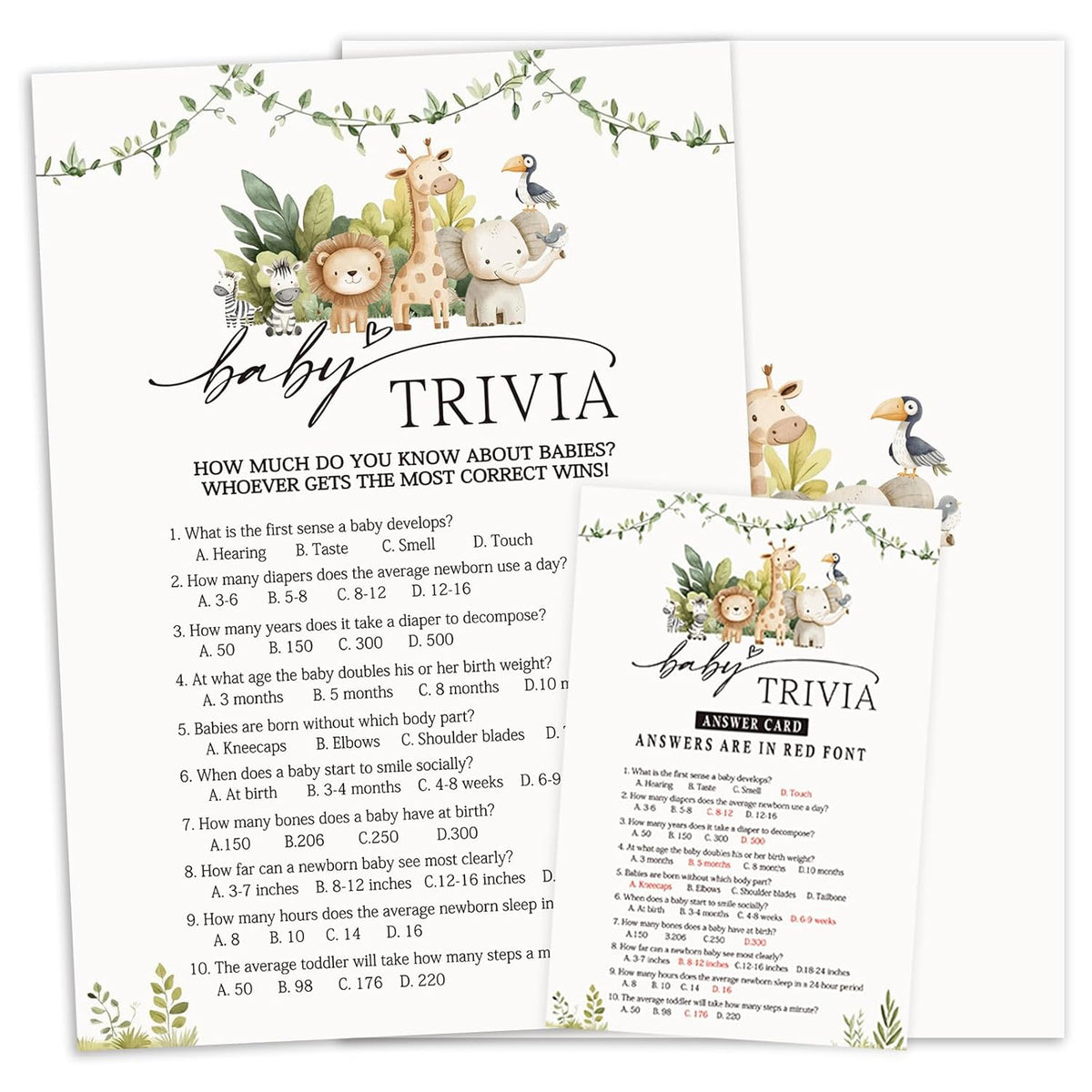 Safari Animals Baby Shower Game Cards, Woodland Theme, 30 Trivia Games With Answer Card
