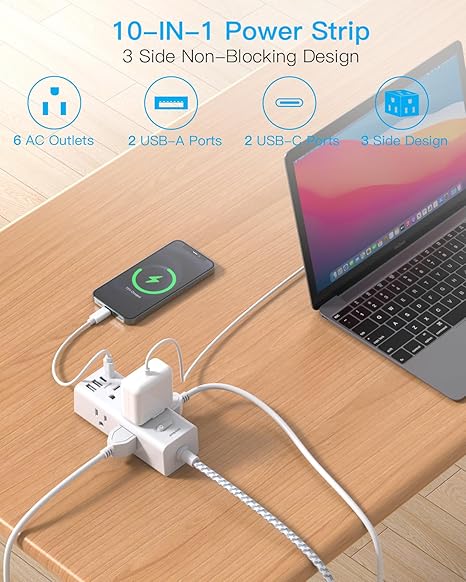Surge Protector Power Strip with 6 Outlets 4 USB Ports 2 USB C 5FT Flat Plug Extension Cord 900J