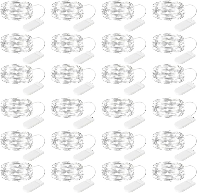 24 Pack Battery Operated Fairy Lights 7FT 20 LED Pure White Mini String Lights Waterproof Silver Wire for Wedding Party Decor