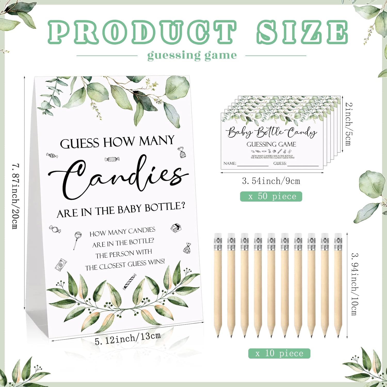 62 Pcs Baby Shower Games Guess How Many Candies Are In The Jar Sign 50 Small Guessing Games 10 Hb Pencils And 1000 Ml Milk Bottle For Baby Shower Gender Reveal Party(Fresh Color,Plant)