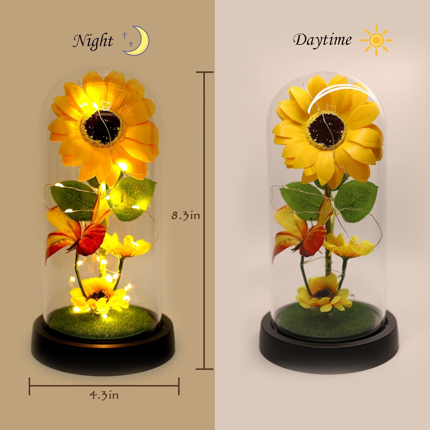 Sunflower Decorative Lamp With Glass Dome – Led Floral Night Light, Warm White Illumination, Home Decor, Gift Idea For Mother, Birthday, Wedding