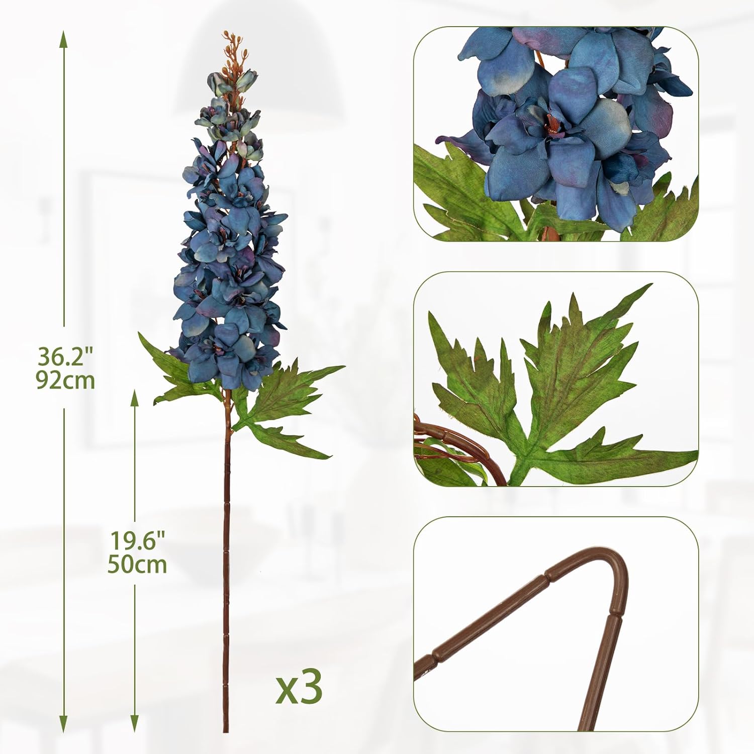 3Pack Artificial Delphinium Flowers – 36.2In Tall Faux Larkspur Silk Floral Stems Blue Fake Delphinium Flower For Indoor Home Decor Vase Arrangements