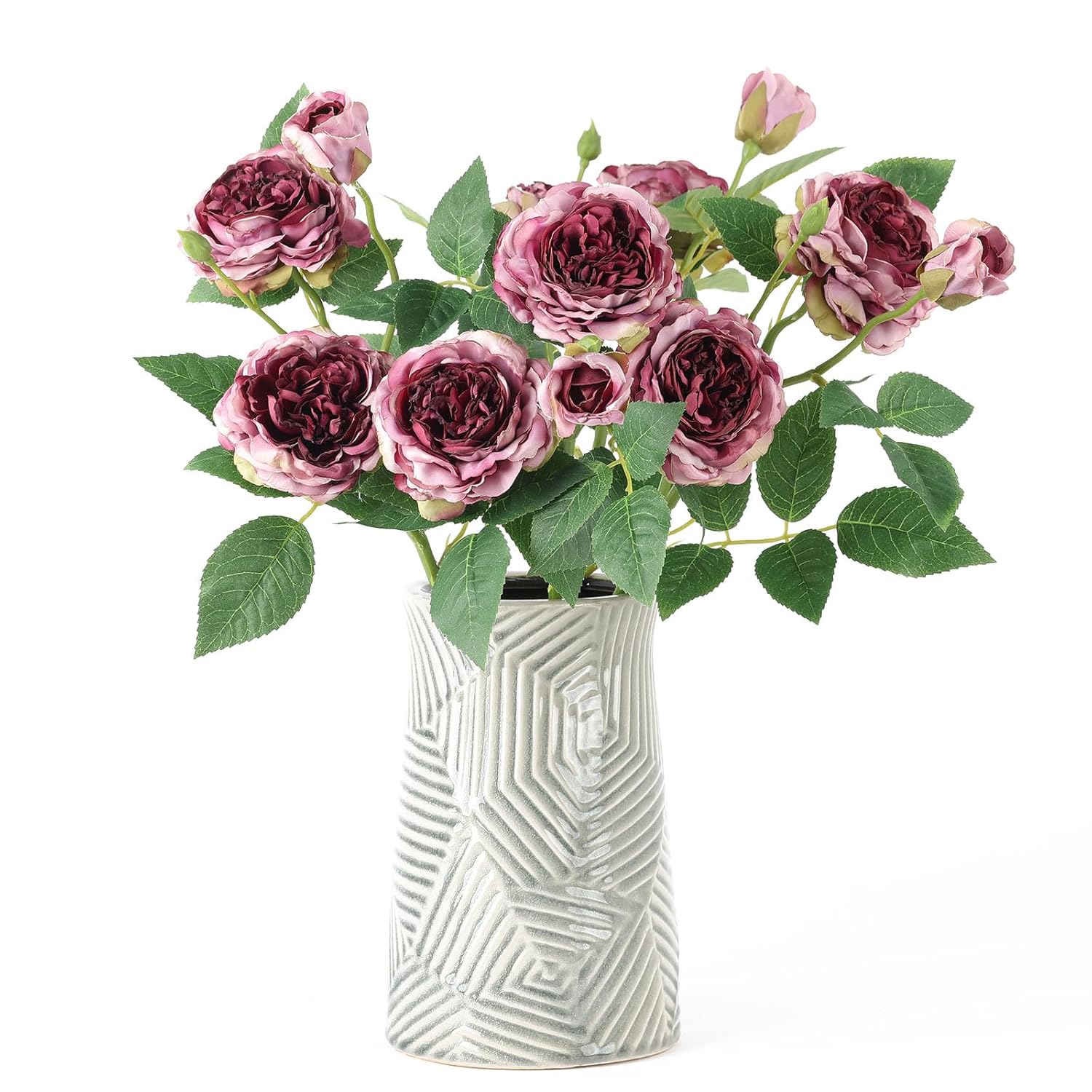 4Pcs Burgundy Artificial Roses Flowers Fake Silk Rose Flower With Leaves Stems Realistic Faux Floral Arrangement Decorations For Wedding Table Centerpieces Vase Home Decor (Burgundy)