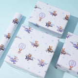 Baby Shower Wrapping Paper Roll - Blue Bears In Hot Air Balloon & Airplane Design For Baby Boy, Birthday Gift Wrap, Baby Shower Decor - 17 Inches X 16.5 Feet,Cut Lines On Back