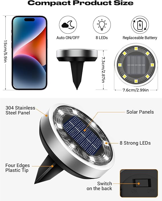 16 Pack Solar Ground Lights 8 LED IP65 Waterproof Flat Disc Pathway Garden Lights