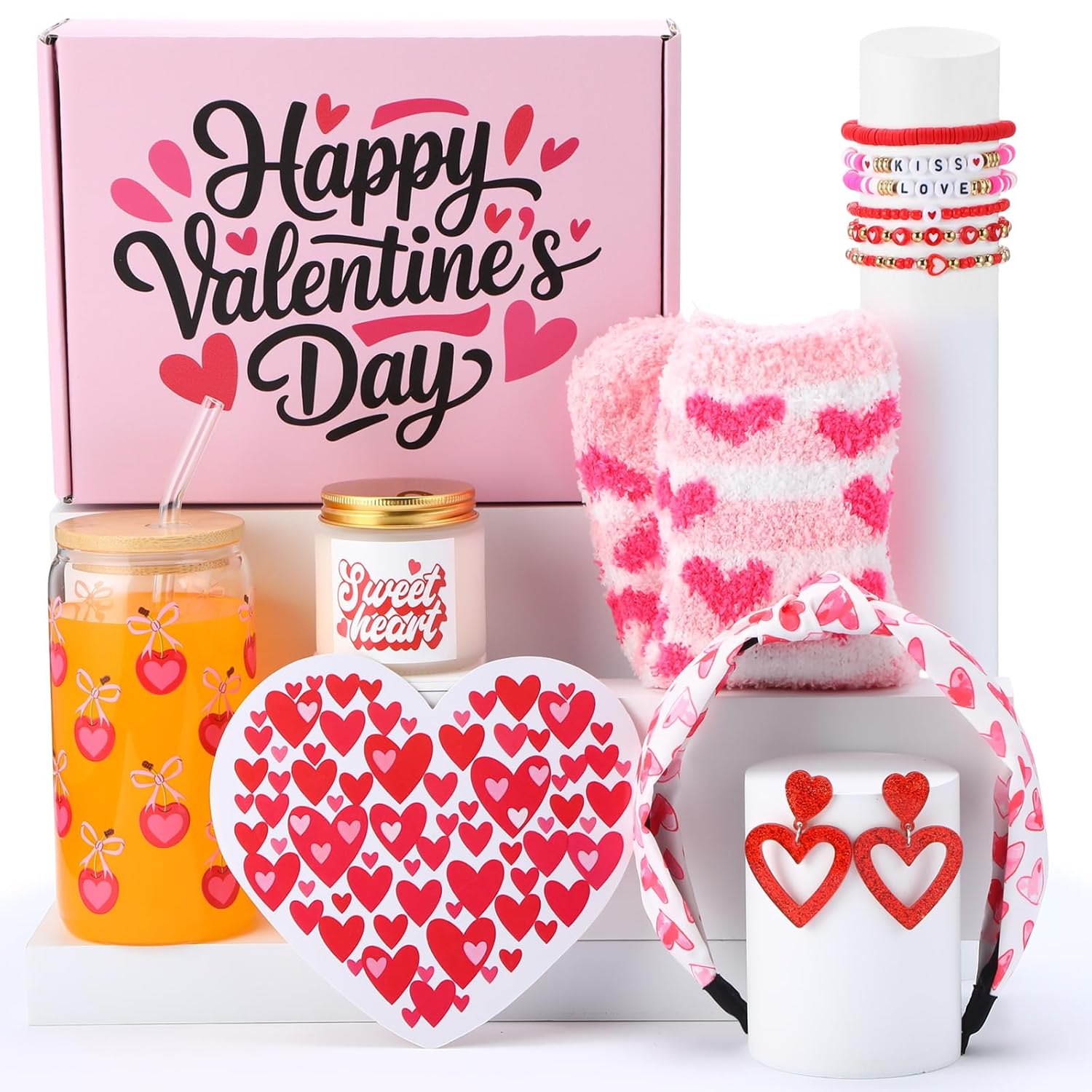 8 Pcs Gifts Set For Women Happy Gift Basket Includes 17Oz Coffee Glass With Lid Straw Scented Candle Bracelet Hairband Socks Earrings Card Box (Valentines Day)