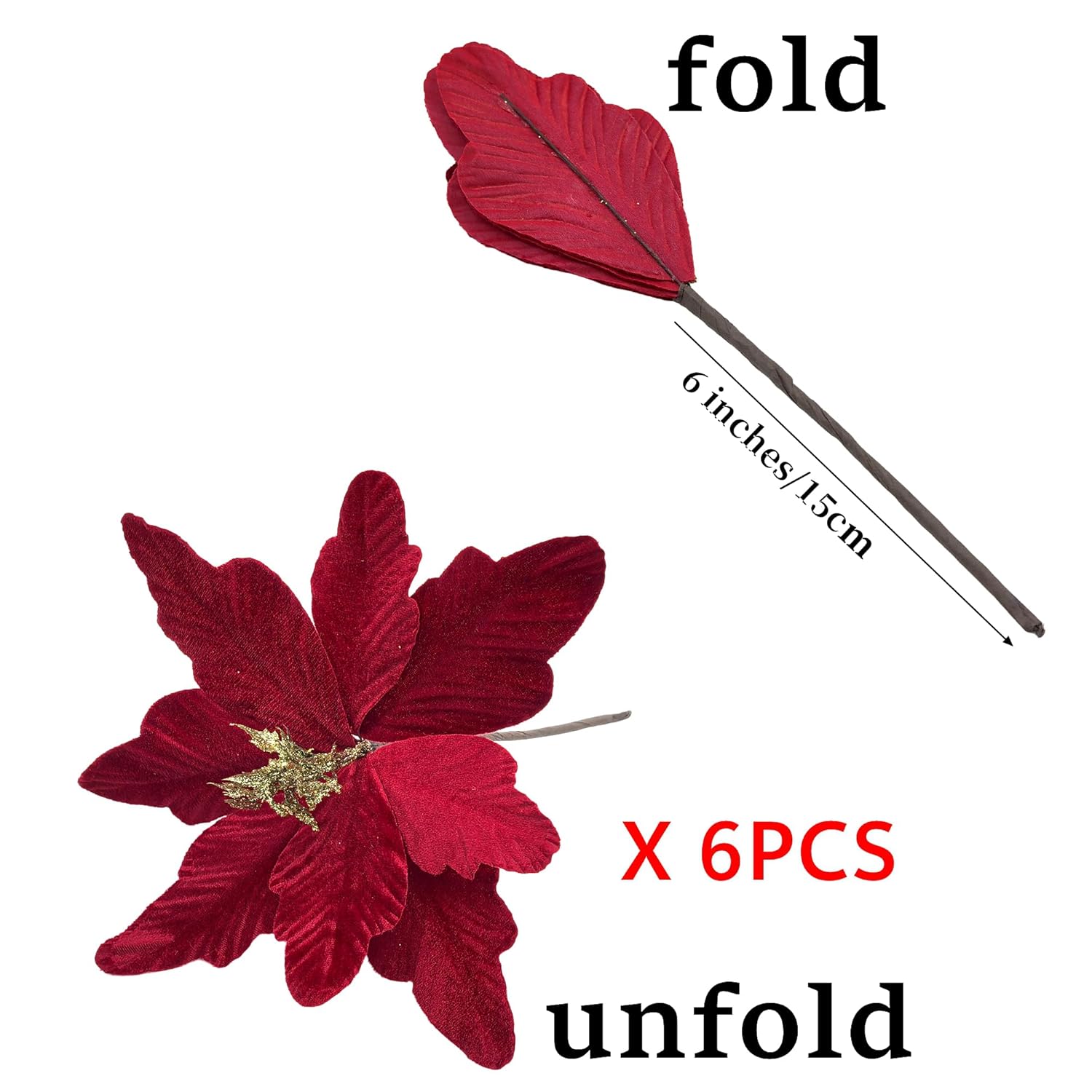 Large Christmas Poinsettia Glitter Foldable Christmas Flowers Floral Picks Stems For Christmas Tree Decorations Wedding Centerpiece (6Pcs Wine Red)