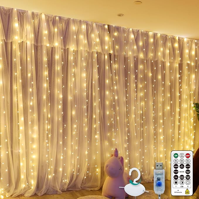 300 LED Curtain Lights 9.8FT x 9.8FT Warm White Fairy String Lights with Remote 8 Modes for Bedroom Wedding Party Decor