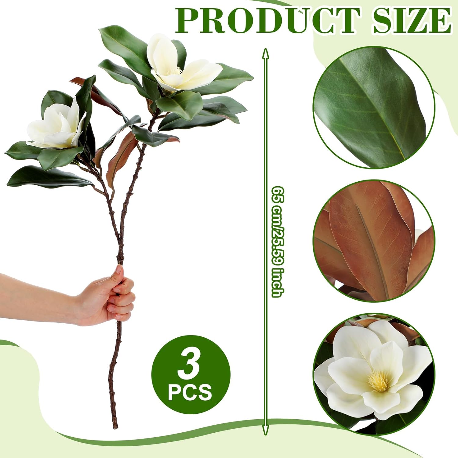 3 Pcs Artificial Magnolia Branches 25.6 Inches White Magnolia Leaves Stem Flowers Faux Greenery For Indoor Outdoor Home Bathroom Table Vase Farmhouse Wedding Decor