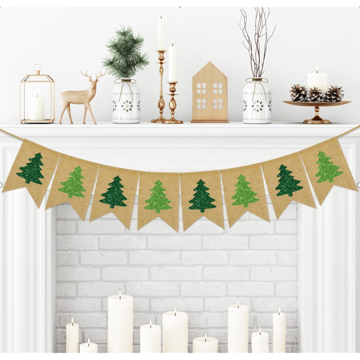 Christmas Burlap Banner Glitter Green Xmas Tree Pre-Assembled Bunting Garland For Christmas Winter Holiday Party Hanging Decorations