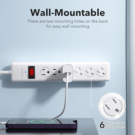 Surge Protector Power Strip 6 Outlets 600J 4FT Flat Plug Extension Cord White