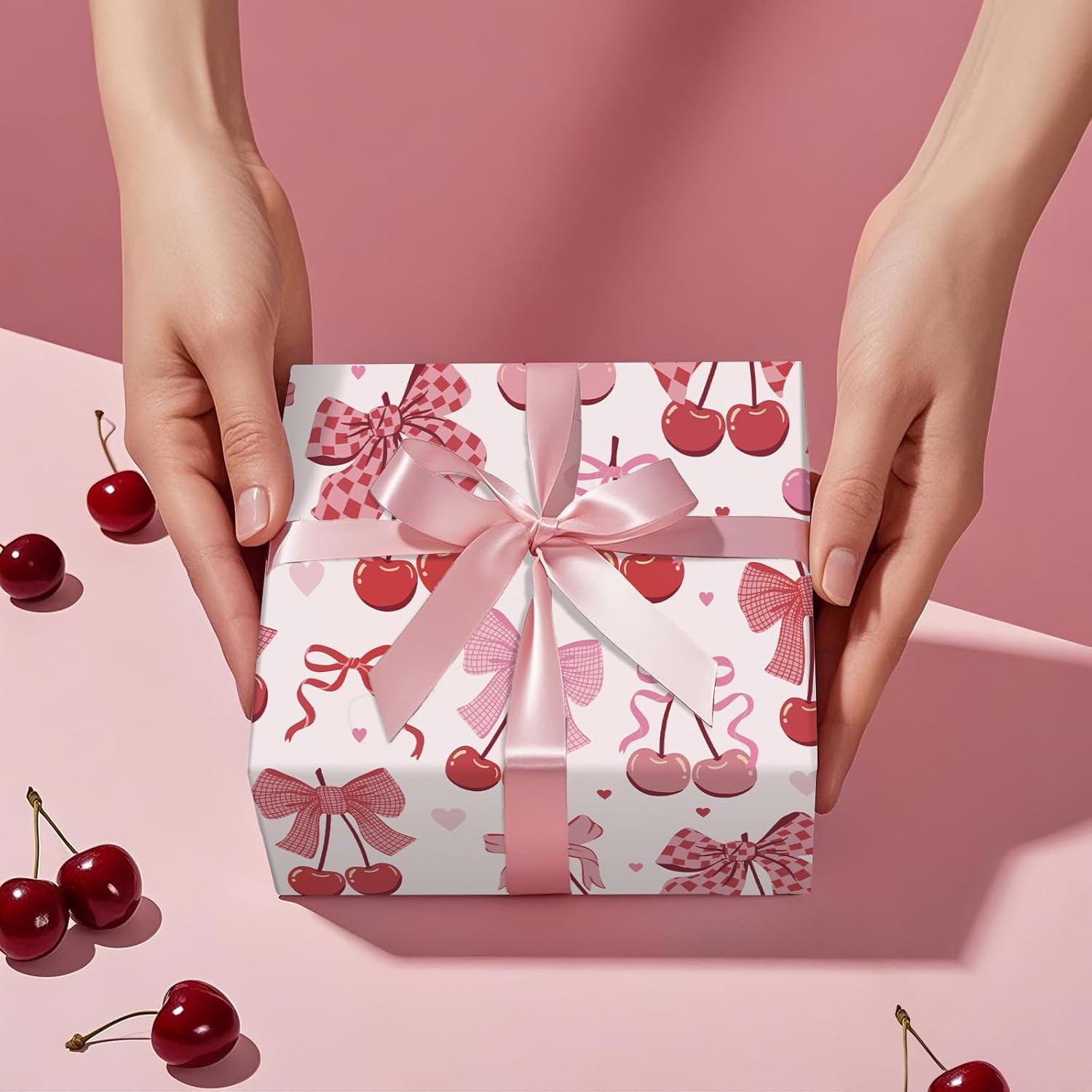 Cherry Bow Wrapping Paper Roll, Mini Roll, Romantic Cherry Bow Tie Ribbon Gift Wrap, Pink And Red Wrap Paper For Girl Birthday, Valentine'S Day, Bachelorette, Anniversary, 17 Inch X 9.8 Feet