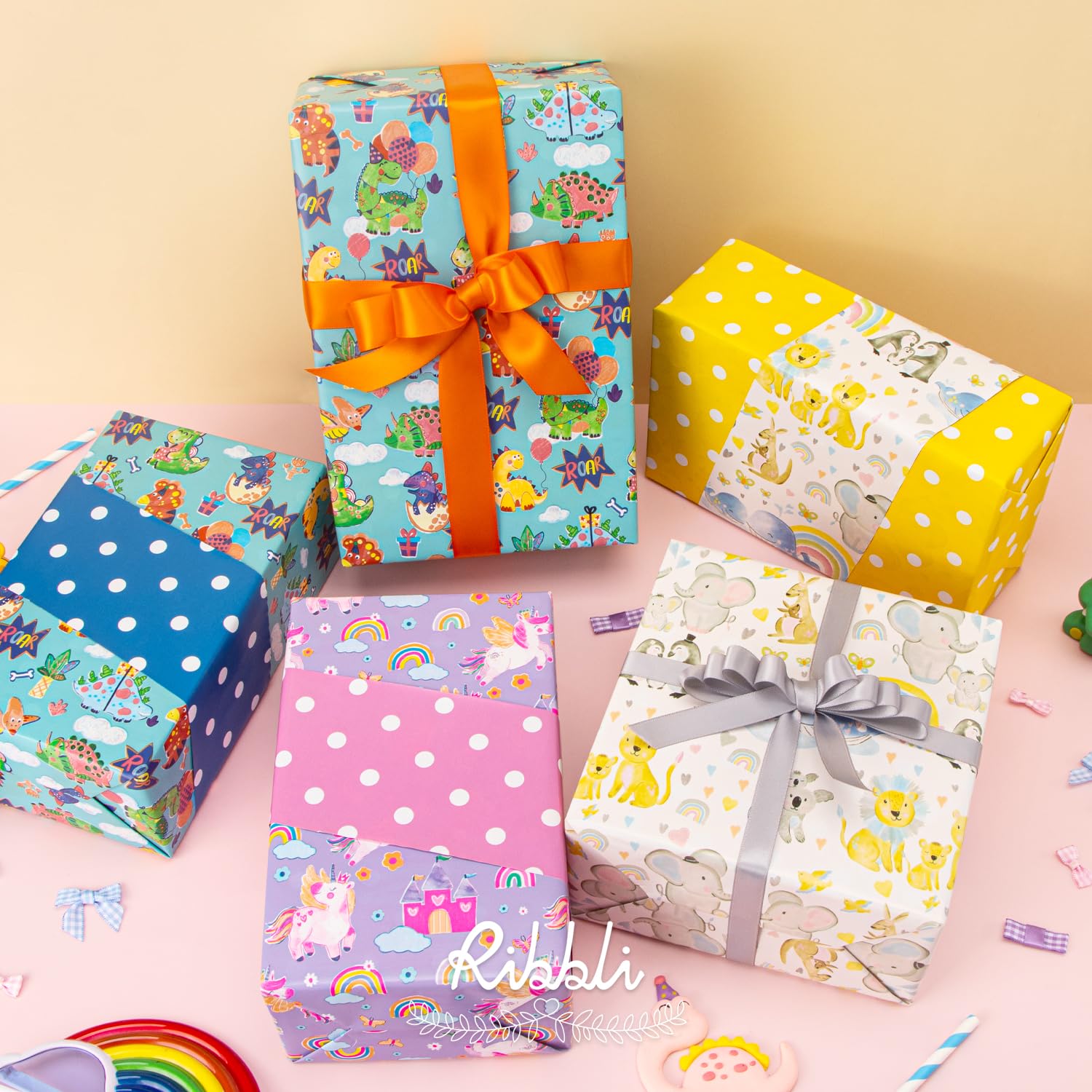Dinosaur Birthday Wrapping Paper Dinosaur Balloon And Dots Reversible Mini Roll Blue Gift Wrap For Boys Kids Birthday Baby Shower 17 Inch X 33 Feet