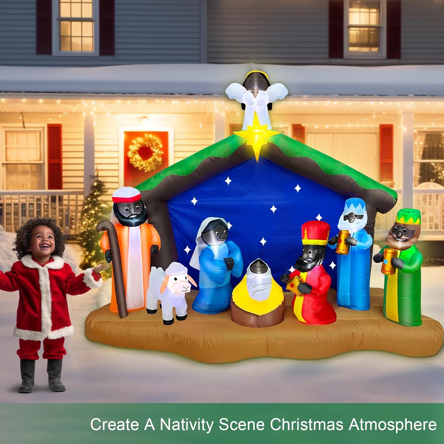 8 Ft Long 5.5 Ft Tall Christmas Inflatables African American Black Nativity Scene Set Outdoor Decorations With Angel, Bu