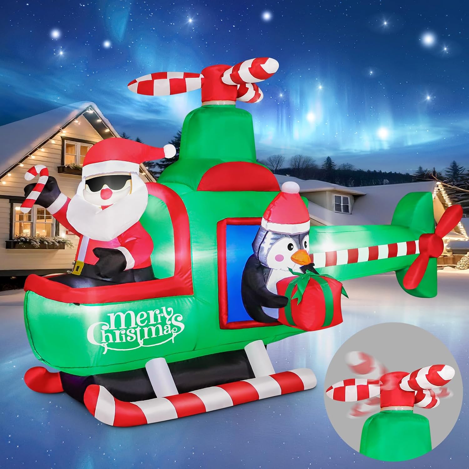 6.5Ft Inflatable Christmas Santa Claus On Helicopter Outdoor Decorations, Xmas Blow Up With Built-In Led Lights, Cute Sa