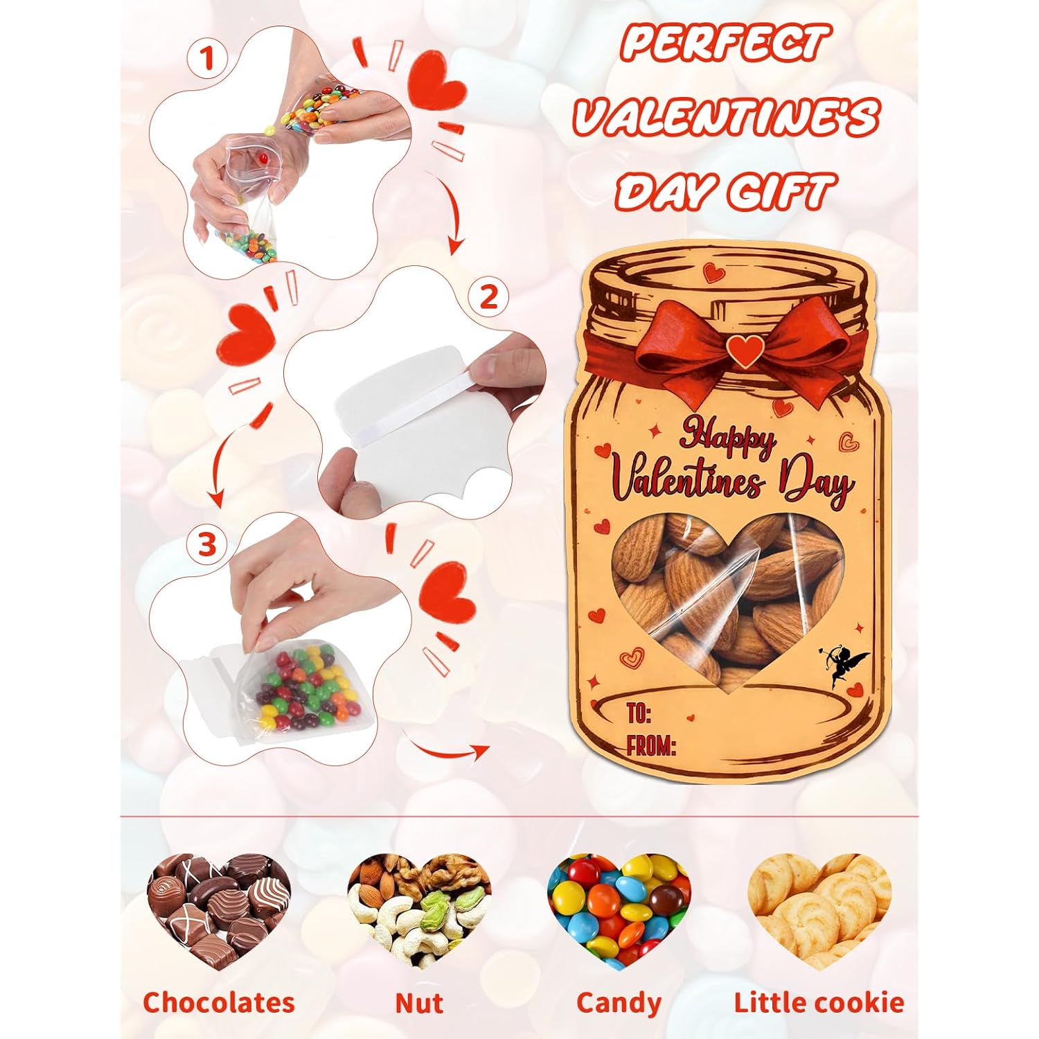Valentine’S Day Cards For Kids, 48 Pack Mason Jar Valentine Cards With Heart Window And Treat Bags, Diy Classroom Exchange Cards For Boys And Girls School Party Favors (Candy Not Included)