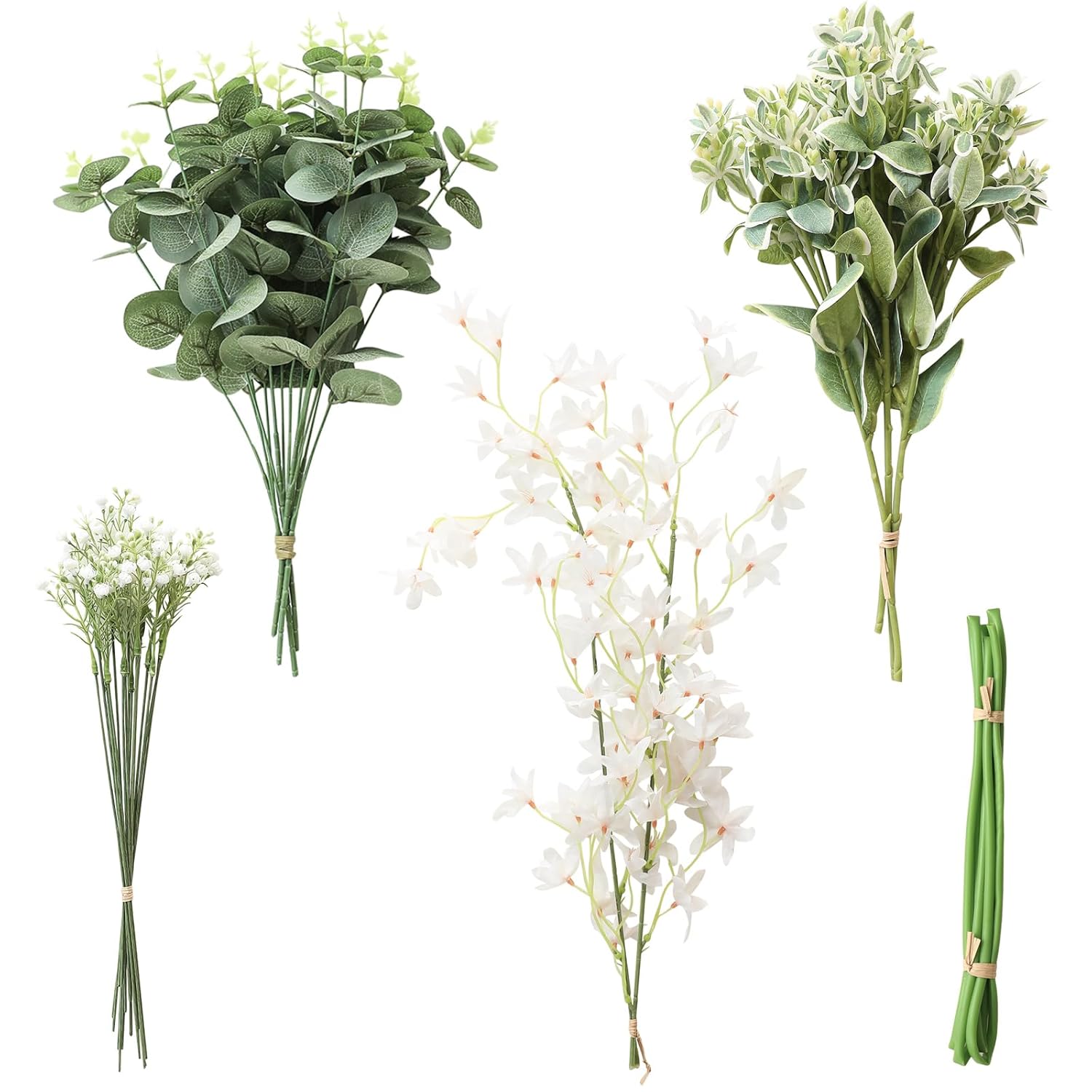 Artificial Greenery Stems Box Set, 25Pcs With 4 Kinds Of Faux Greenery Flowers Picks For Diy Bridal Bouquets Wedding Floral Arrangement Table Centerpieces, Tender Green & Sage Green