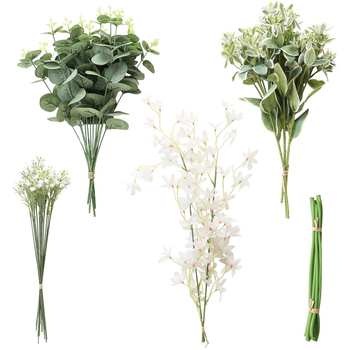 Artificial Greenery Stems Box Set, 25Pcs With 4 Kinds Of Faux Greenery Flowers Picks For Diy Bridal Bouquets Wedding Floral Arrangement Table Centerpieces, Tender Green & Sage Green