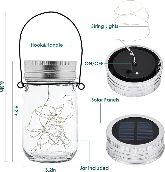 6 Pack Hanging Mason Jar Solar Lights 30 LED Waterproof Outdoor Lanterns with Jars
