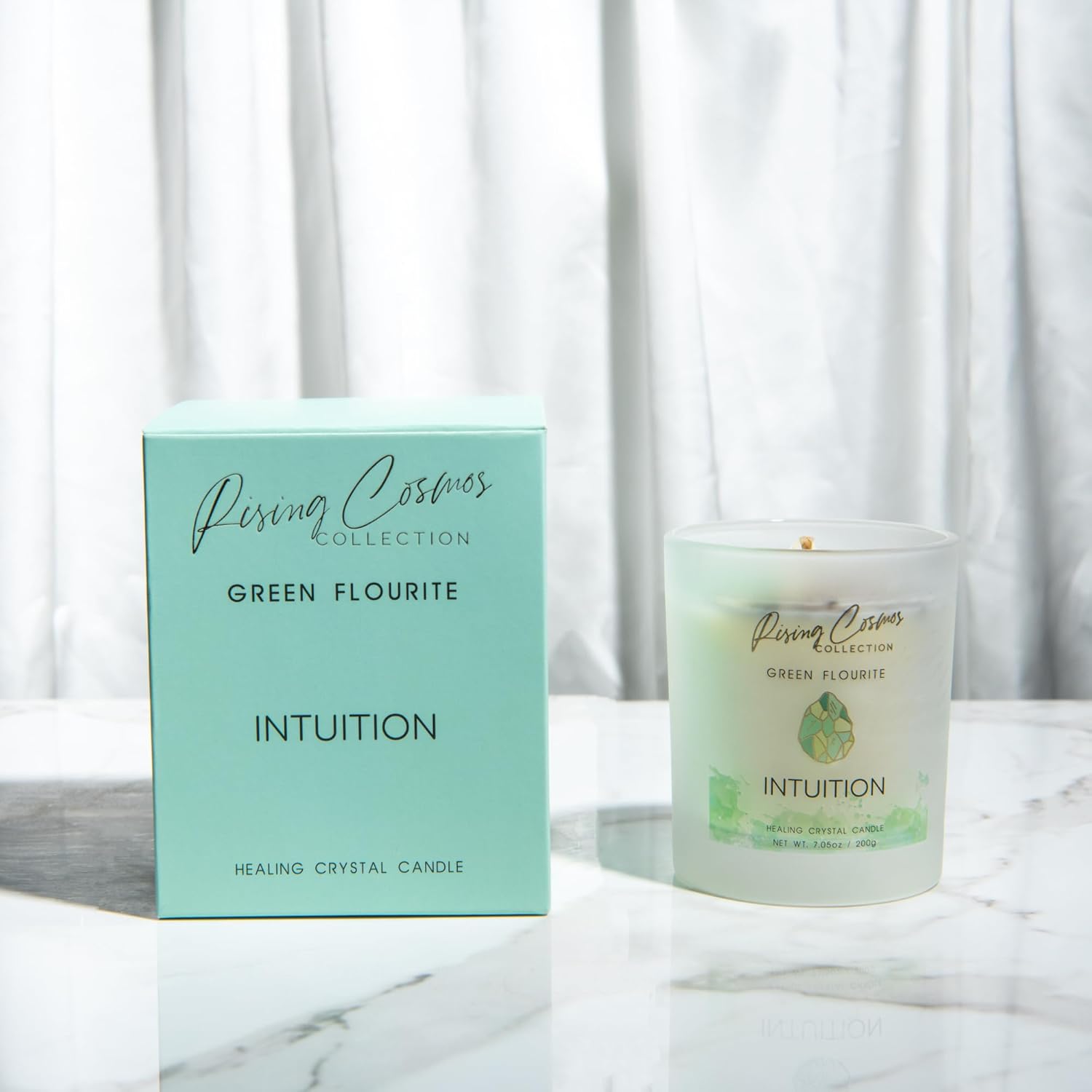 Rising Cosmos Healing Crystal Candle - Green Flourite, Tiger'S Eye, Clear Quartz Infused Sugarcane + White Rum Scent 100% Soy Wax - 7Oz. Meditation, Intention & Gift Candle For Women