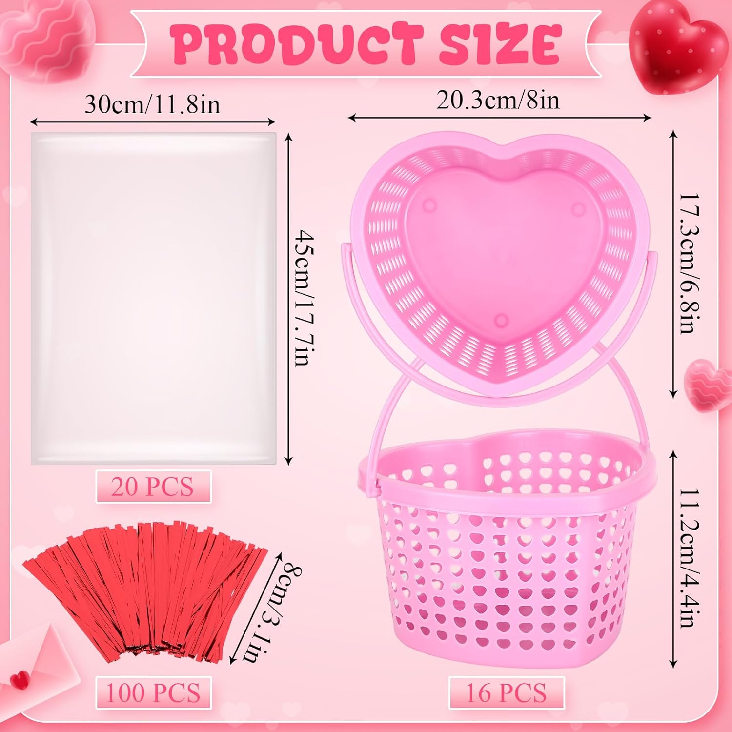 16 Pcs Valentine'S Heart Shaped Basket With Handle 8"X7"X4" Plastic Slotted Fruit Baskets Food Storage Containers With Gift Bags For Mother'S Day Kitchen Party (Pink)