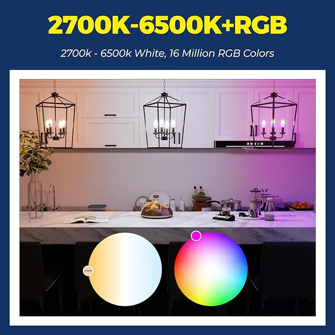E12 Smart Light Bulbs 4 Pack RGBCW Color Changing WiFi BLE Candelabra LED Bulbs Alexa Google Compatible
