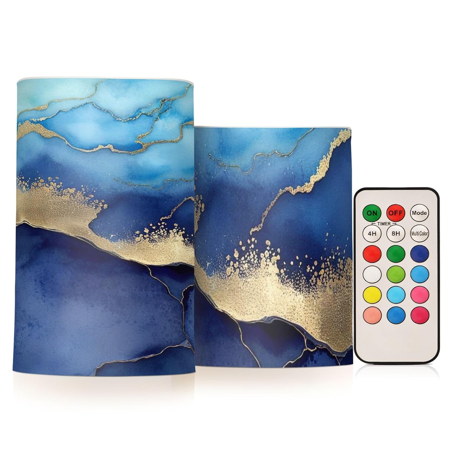 Blue Marble Flameless Candles With Remote Control And Timer, Adjustable Brightness Long Lasting Battery Operated Led Pillar Candles For Indoor Outdoor Party Holiday Home Decor, 2 Pack