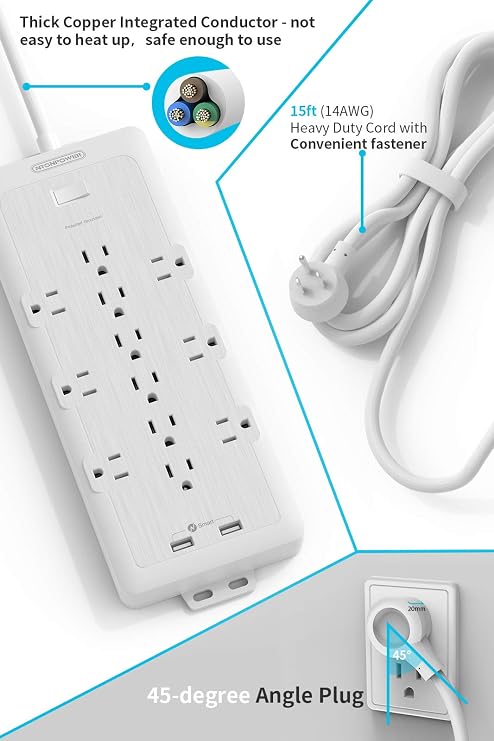 4000J Surge Protector Power Strip 12 Outlets 10 Ft Heavy Duty Extension Cord