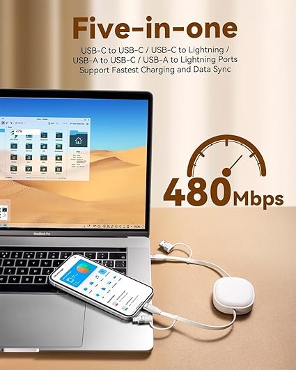 5 in 1 65W Retractable Car Charging Cable USB C Multi Charger Cord 3.86FT White