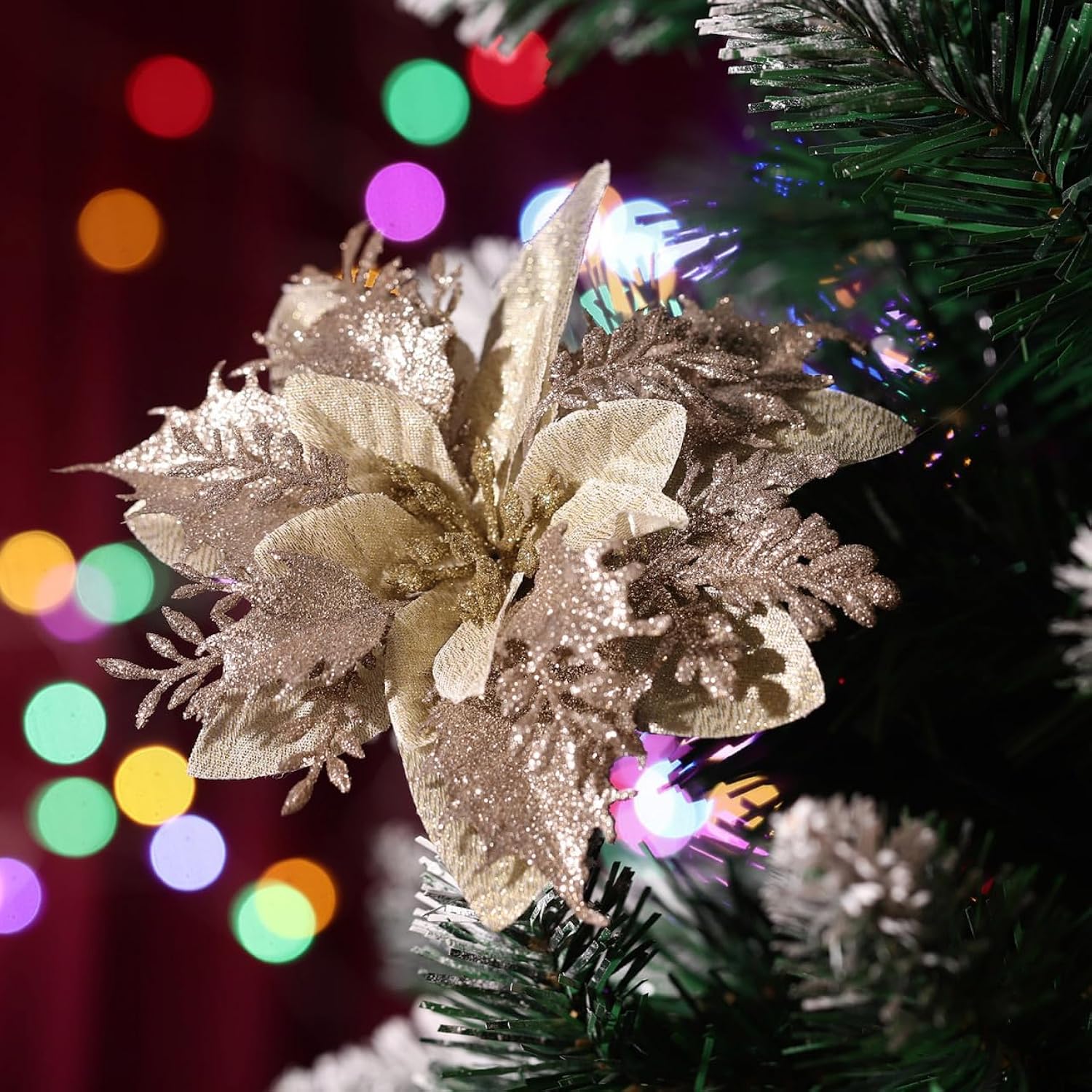 Christmas Poinsettia Flowers Glitter Poinsettias Gold Christmas Tree Decorations Artificial Flowers With Stems And Clips Xmas Wreath Ornaments, 12 Pieces,5.5 Inch