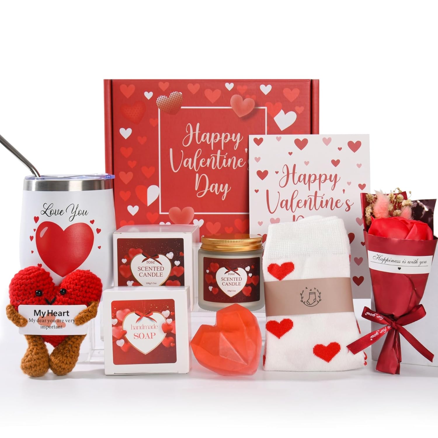 10-Piece Luxury Valentine'S Day Gift Box For Her | Ultimate Romantic Set With Insulated Tumbler, Scented Candle, And Rose Bouquet