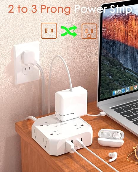 2 Prong Power Strip Adapter 8 Outlets 4 USB Ports 2 USB C 5FT Flat Plug Surge Protector 1400J