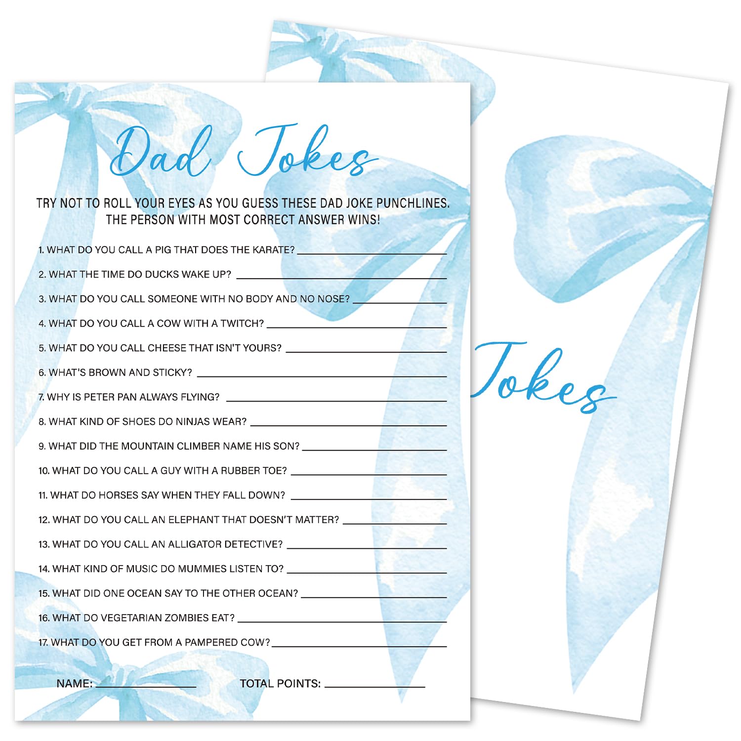 Dad Jokes Game Cards, 30 Blue Bow Baby Shower Game With Answer Card, Baby Announcement Gender Reveal Party Games Supplies & Activities -B19