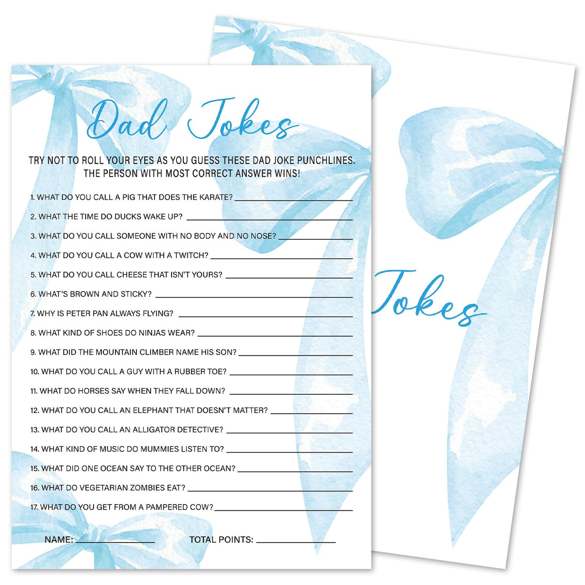 Dad Jokes Game Cards, 30 Blue Bow Baby Shower Game With Answer Card, Baby Announcement Gender Reveal Party Games Supplies & Activities -B19