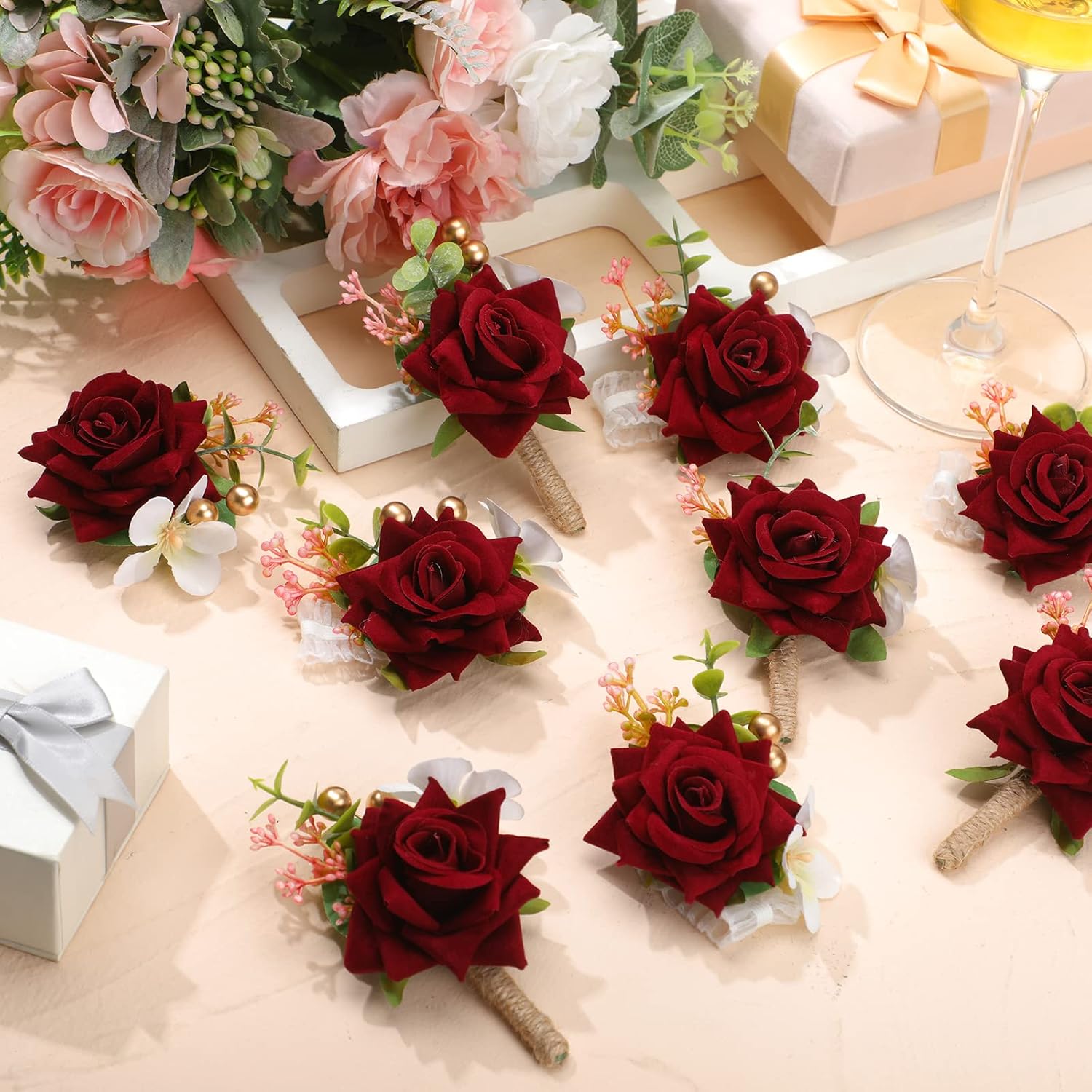 12 Pcs Boutonniere For Men Wedding Flower Boutonniere Rose Corsage Set With Pin For Groom Groomsmen Prom Western Wedding Anniversary Dinner Fall Party Decor(Burgundy)