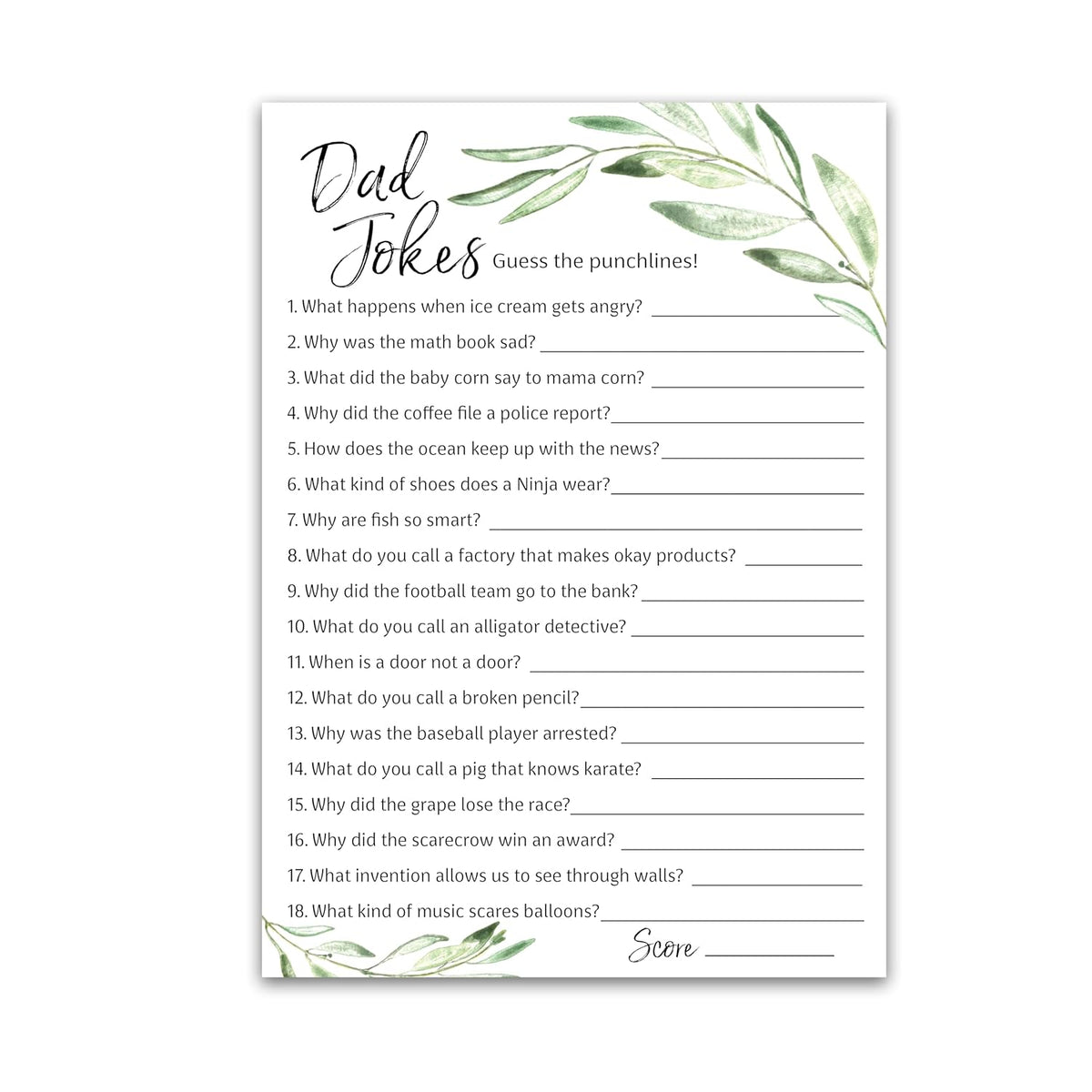 Greenery Dad Jokes Baby Shower Games, Daddy Jokes Shower Trivia Games — Pack Of 25 — Fun Dad Joke Game, Green Gender Neutral Funny Joke Trivia, Sprinkle Gender Reveal Party, Sip See, Birthday G320-Djk