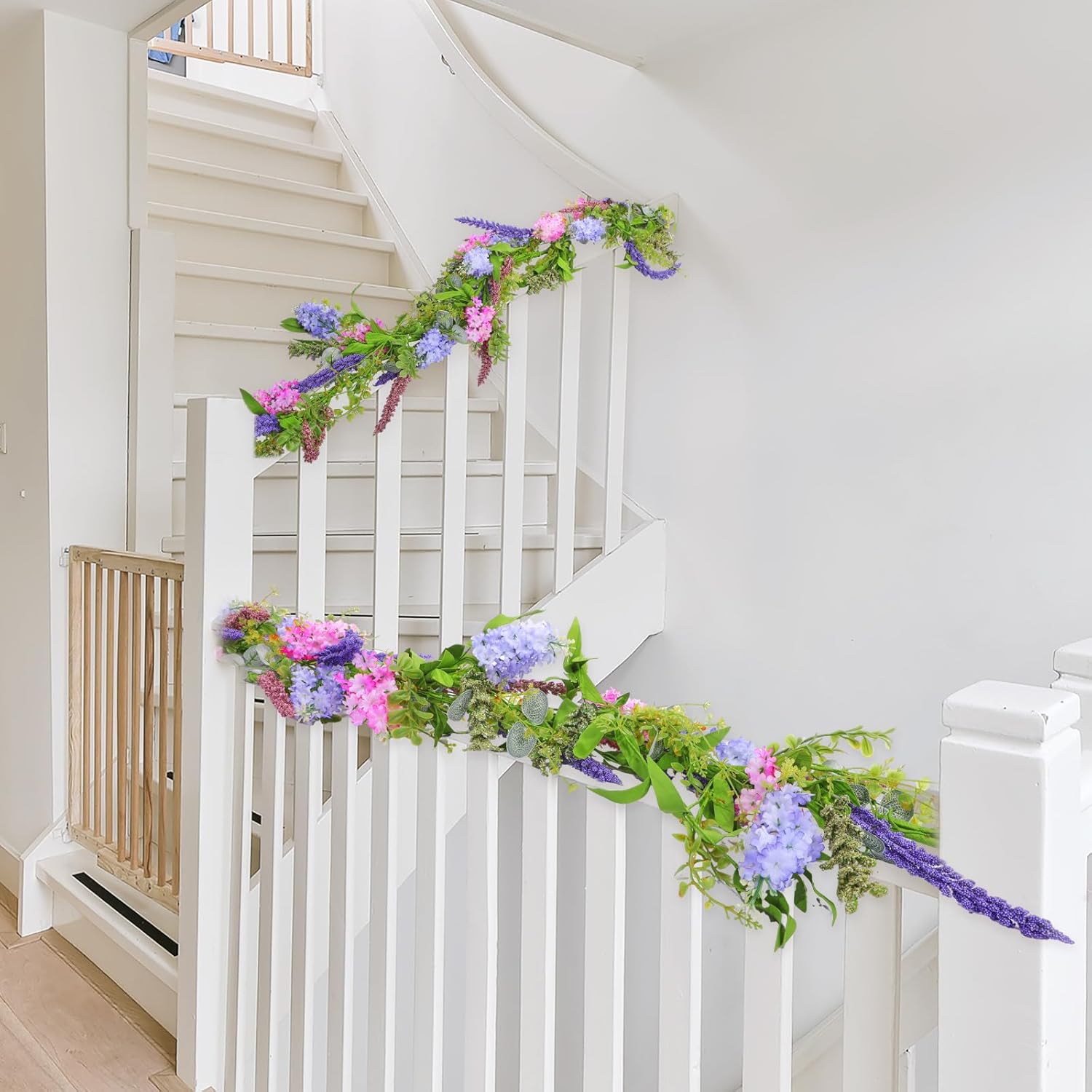 2 Pack 6 Ft Artificial Flower Garland With Lilac And Lavender Purple Pink Flower Fake Wisteria Vines Summer Greenery Eucalyptus Garland For Wedding Mantle Porch Stair Table Indoor Decor