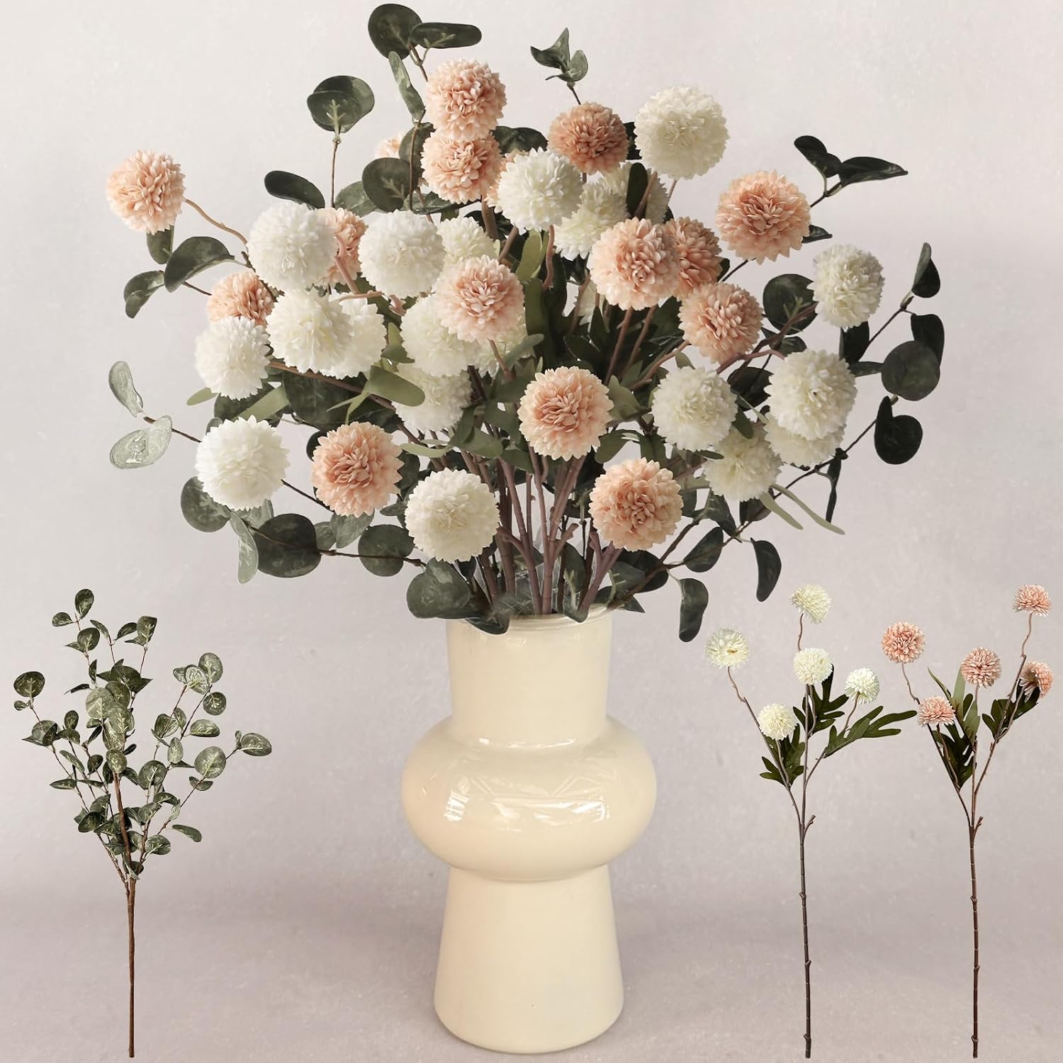 Beige White Faux Kiku Flower 25 Heads+18 Eucalyptus, Long Stem Pom Pom Fake Mums Artificial Flowers For Vase Silk Chrysanthemum For Centerpiece Bouquet Floral Arrangement Tan Nude Neutral Cream