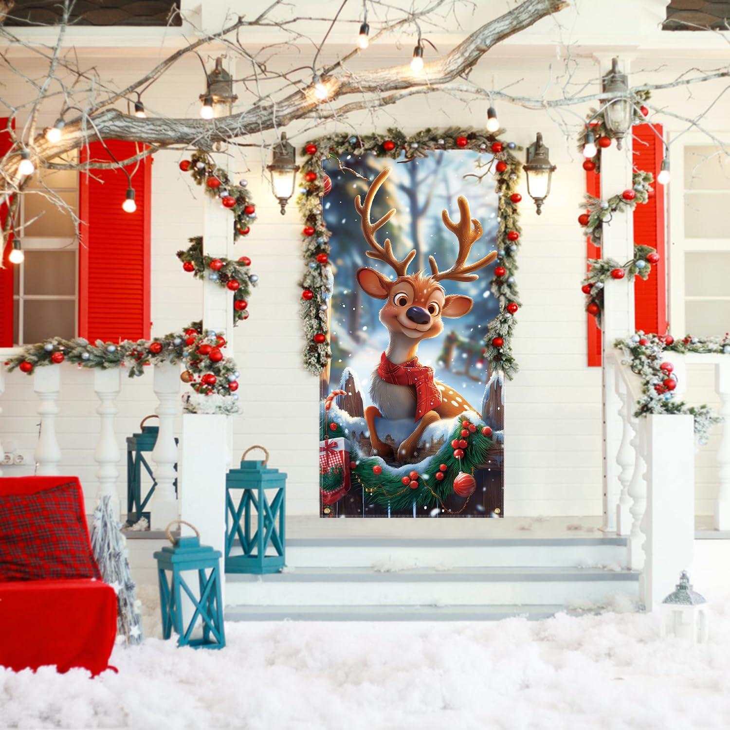 Christmas Door Cover Reindeer Decorations, 6Ft X 3Ft Cute Front Door Xmas Decorations Festive Fabric Door Covers Photo Booth Props