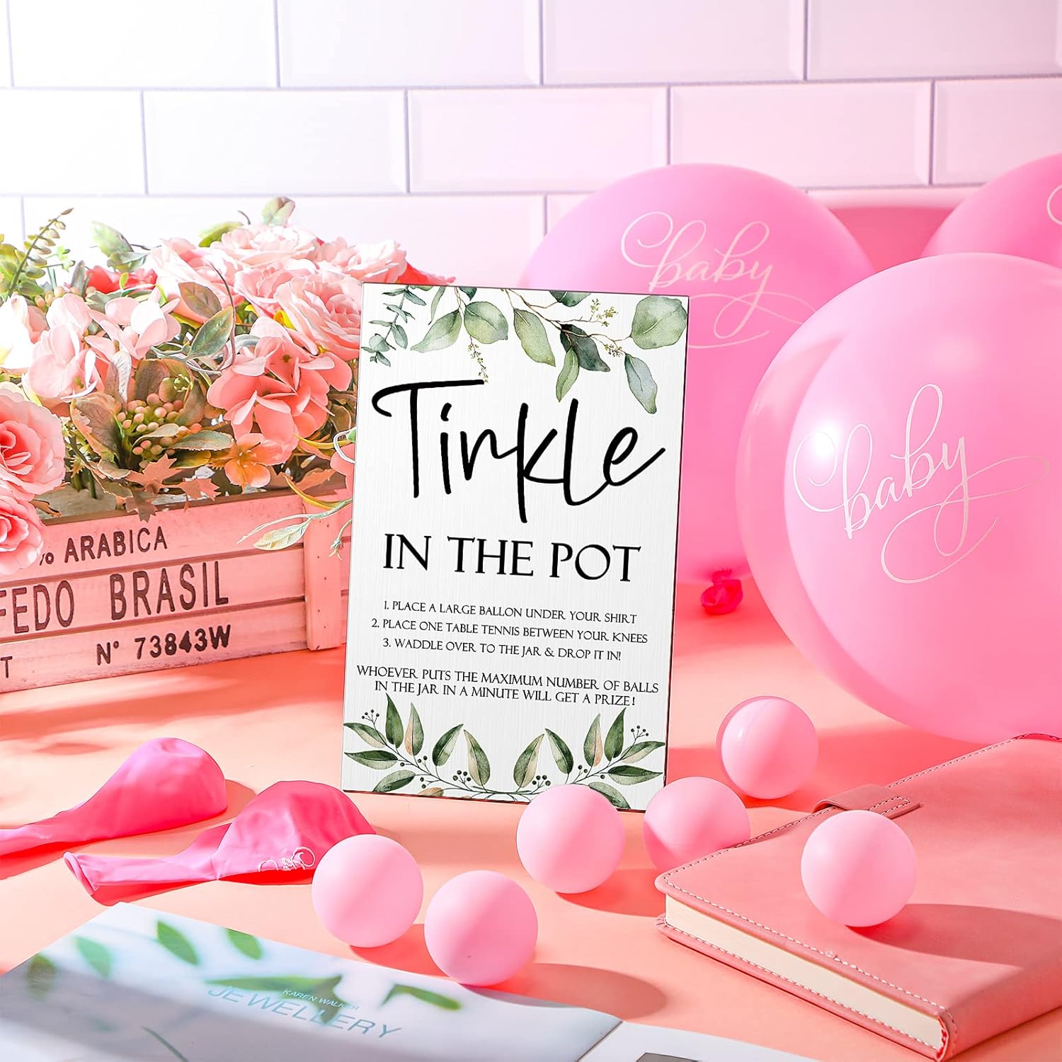 71 Baby Shower Game Sign Wooden Baby Shower Tinkle In The Pot Game Sign Gender Reveal Party Favors 20 Table Tennis Balls 50 Balloon Latex Balloon(Pink)