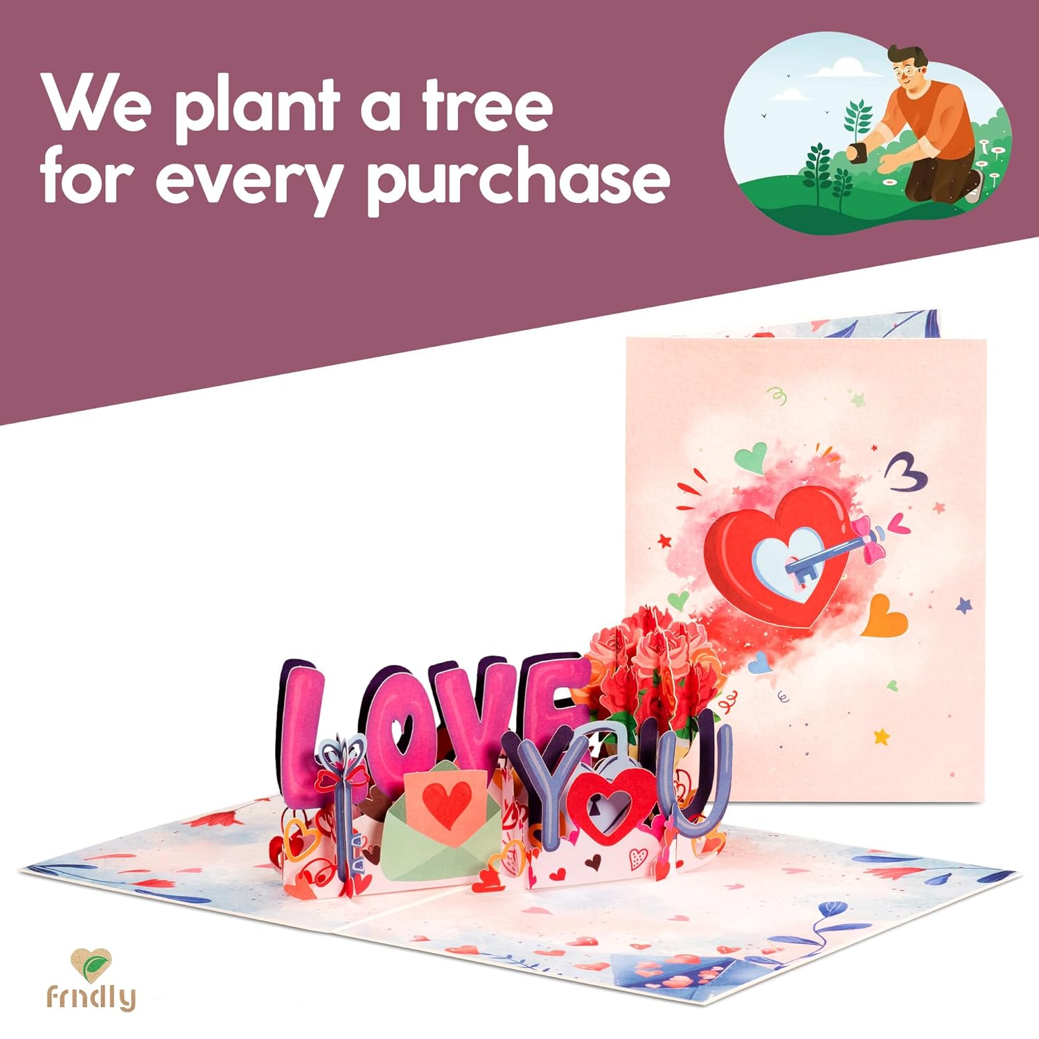Frndly By 3D I Love You Pop Up Valentines Day Card, Gift For Valentines Day, Mothers Day, Birthday, Wedding, Anniversary, All Occasion - Handcrafted, 100% Recycled And Eco-Friendly, 8" X 6" Cover - Includes Envelope And Note Tag
